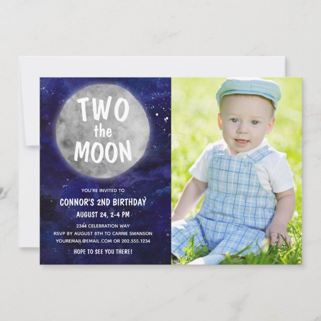 Two the Moon Blue Boy 2nd Birthday Party Photo Invitation (Front)