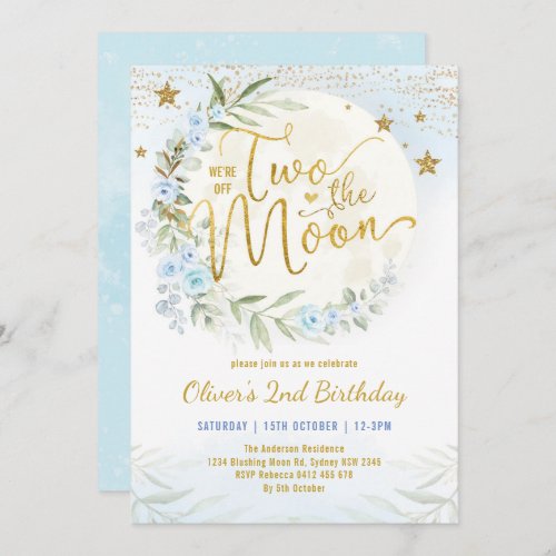 Two the Moon Blue Gold Floral 2nd Birthday Boy Invitation
