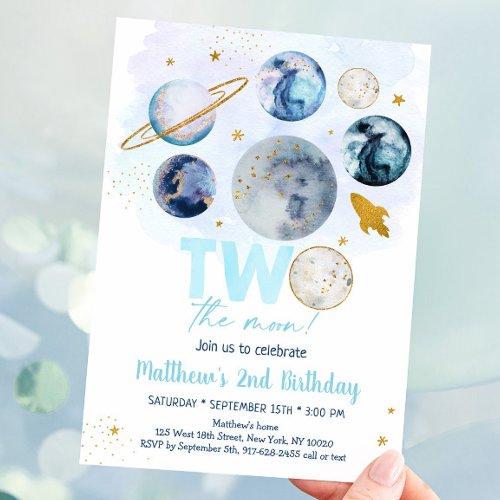 Two The Moon Blue Gold Space Birthday Invitation