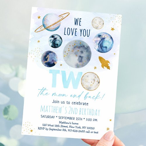 Two The Moon Blue Gold Space Birthday Invitation