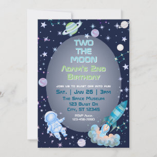 Two The Moon, Blue Green Space 2nd Birthday Invitation