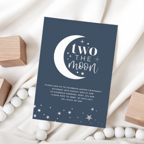 Two The Moon Blue Navy Birthday Silver Foil Invitation