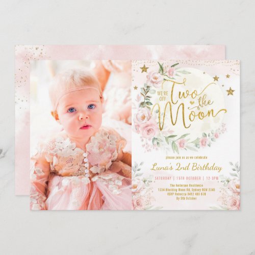Two the Moon Blush Pink Flowers 2nd Birthday Girl Invitation