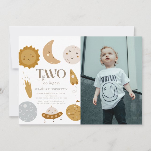 Two the Moon Boho Space 2nd Birthday Photo Invitation (Front)