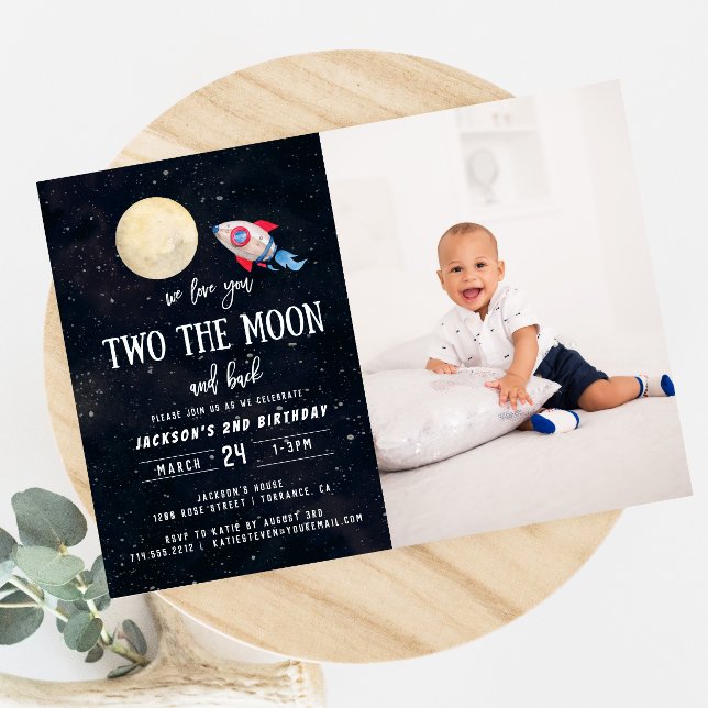 Two The Moon Boy 2nd Birthday Boy Photo Invitation