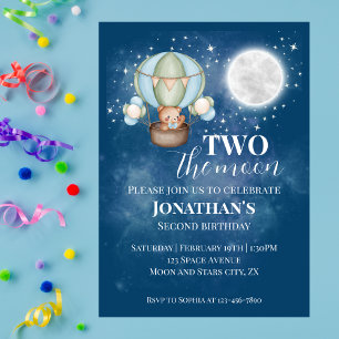 Two The Moon Boy Bear Balloon 2nd Birthday  Invitation