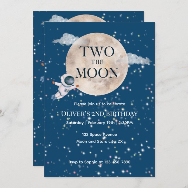 Two The Moon Boy Space Astronaut 2nd Bday Modern Invitation (Front/Back)
