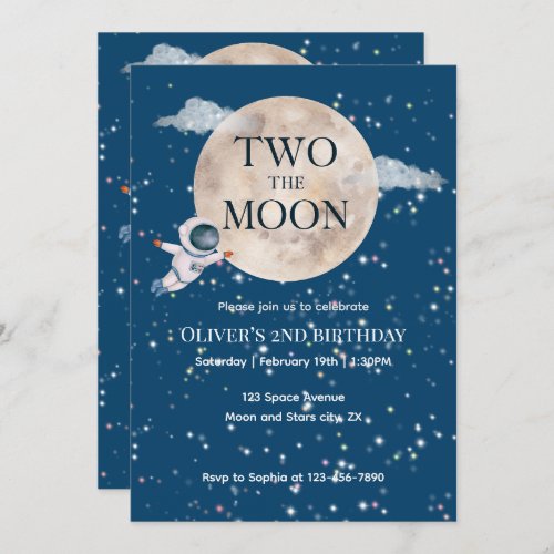 Two The Moon Boy Space Astronaut 2nd Bday Modern Invitation