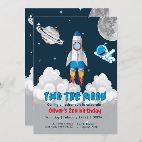 Two The Moon Boy Space Rocket 2nd Birthday  Invitation