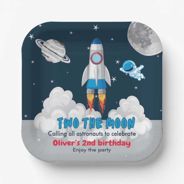 Two The Moon Boy Space Rocket 2nd Birthday  Paper Plates (Front)