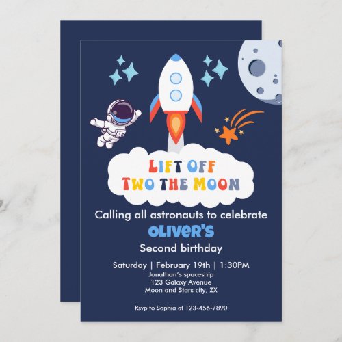 Two The Moon Boy Space Rocket Lift Off 2nd Bday Invitation