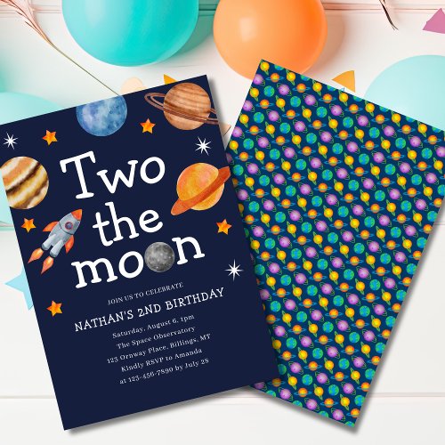 Two the Moon Boys Blue Second Birthday Party Invitation