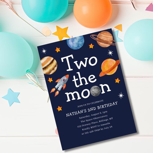 Two the Moon Boys Blue Second Birthday Party Invitation