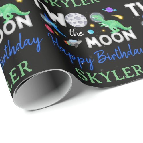 Two The Moon Dinosaur Astronaut 2nd Birthday Wrapping Paper