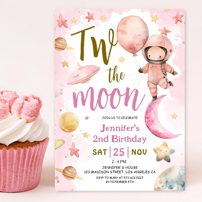 Two The Moon! Girl Astronaut Space 2nd Birthday Invitation (Creator Uploaded)