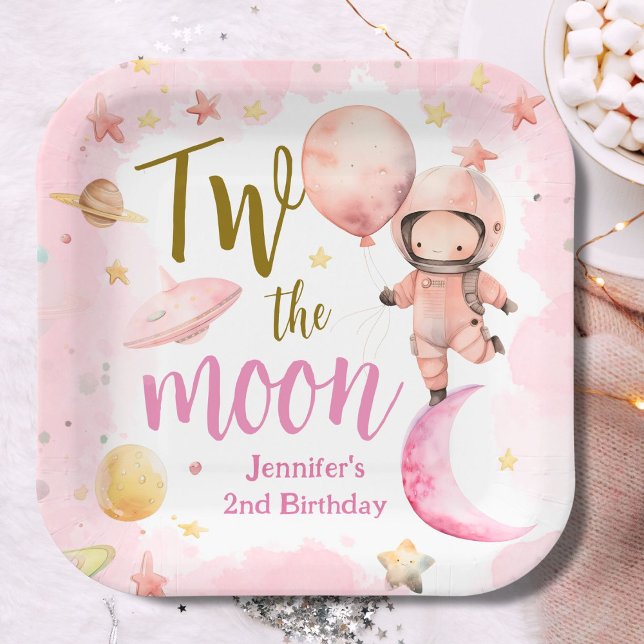 Two The Moon! Girl Astronaut Space 2nd Birthday Paper Plates (Creator Uploaded)