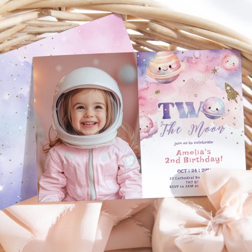 Two the moon girl birthday photo invitation