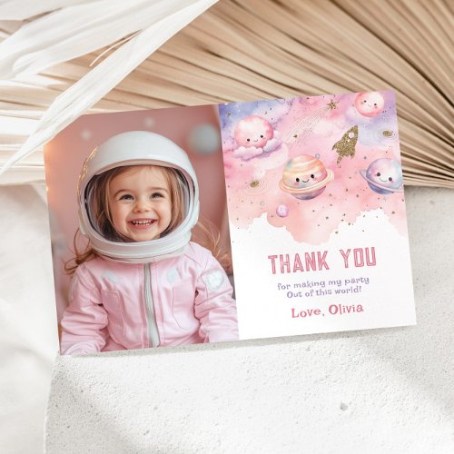 Two the moon Girl Birthday photo thank you card