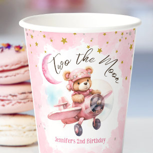 TWO the Moon Girl Pink 2nd Birthday Paper Cups