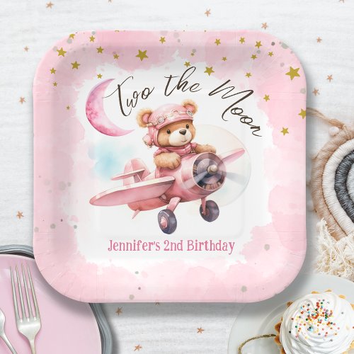 TWO the Moon  Girl Pink 2nd Birthday Paper Paper Plates