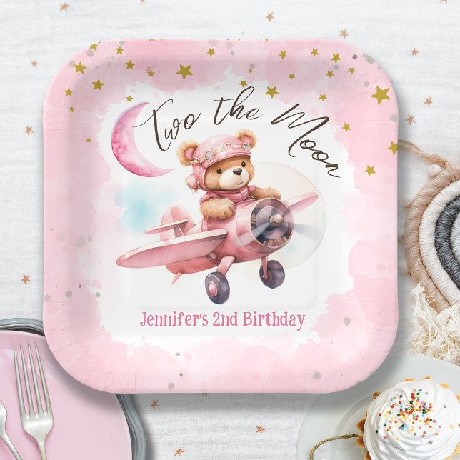 TWO the Moon | Girl Pink 2nd Birthday Paper Plates (Creator Uploaded)