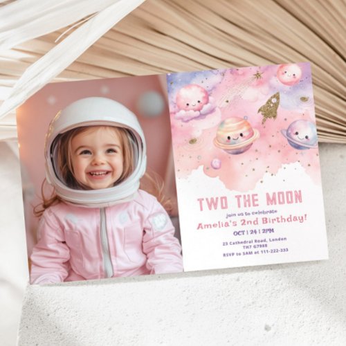 Two the Moon Girl pink Space Birthday photo Invitation