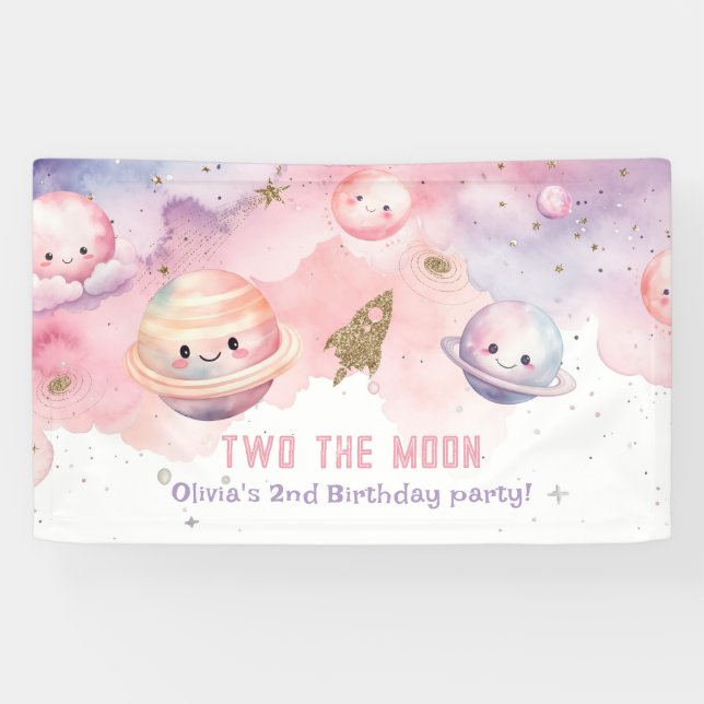 Two the Moon Girl Planets Space 2nd Birthday Banner (Horizontal)