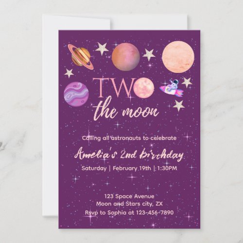 Two The Moon Girl Space Pink Planets 2nd Bday Invitation