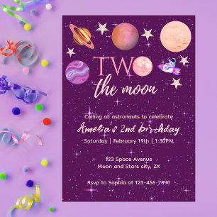Two The Moon Girl Space Pink Planets 2nd Bday Invitation