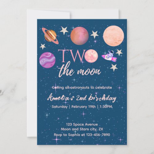 Two The Moon Girl Space Pink Planets 2nd Bday Invitation