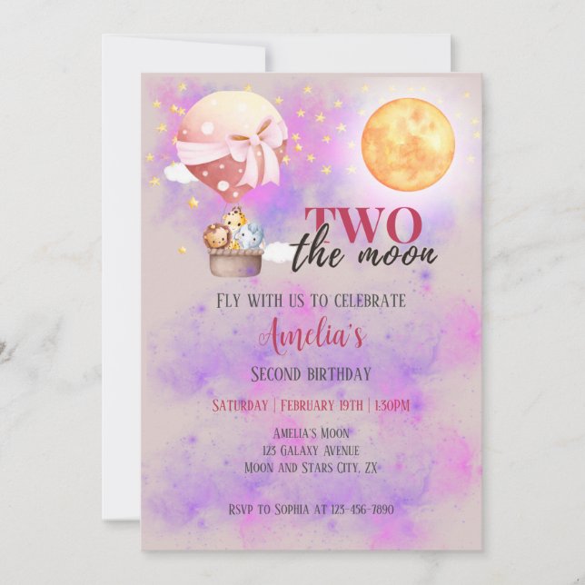Two The Moon Girls Animals Balloon 2nd Birthday  Invitation (Front)