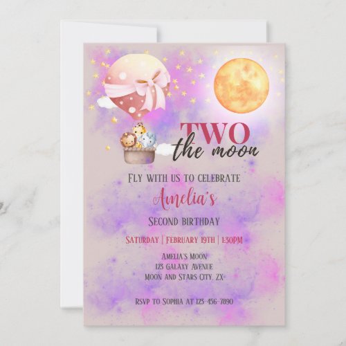 Two The Moon Girls Animals Balloon 2nd Birthday  Invitation