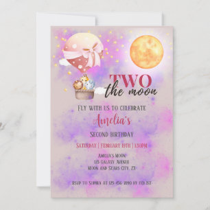 Two The Moon Girls Animals Balloon 2nd Birthday  Invitation