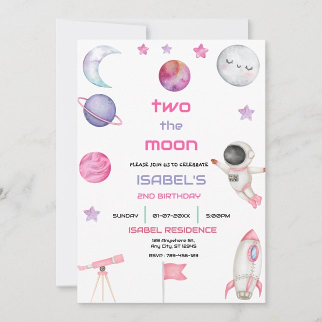 Two the Moon Girl's Birthday Invitation (Front)