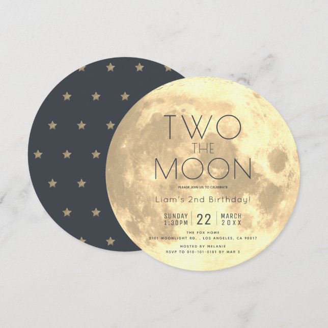Two the Moon Gold Boy 2nd Birthday Circle Invitation (Front/Back)
