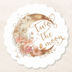 Two the moon gold floral girl 2nd birthday paper coaster