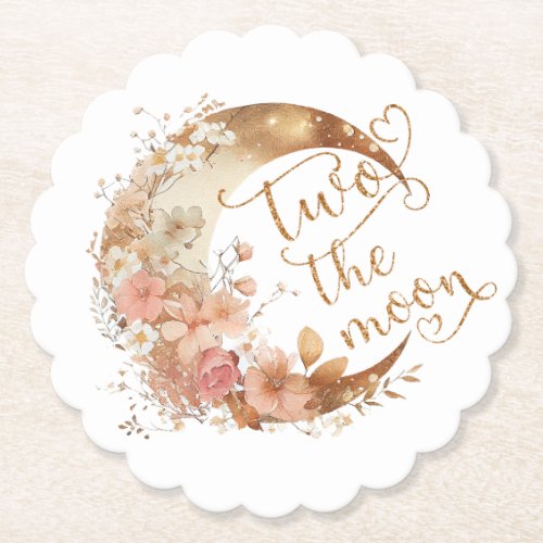 Two the moon gold floral girl 2nd birthday paper coaster