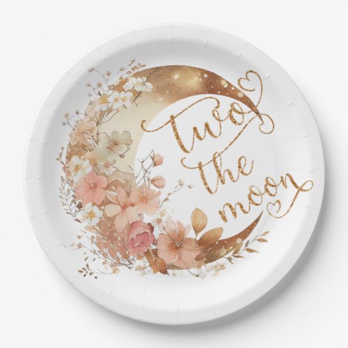 Two the moon gold floral girl 2nd birthday paper plates