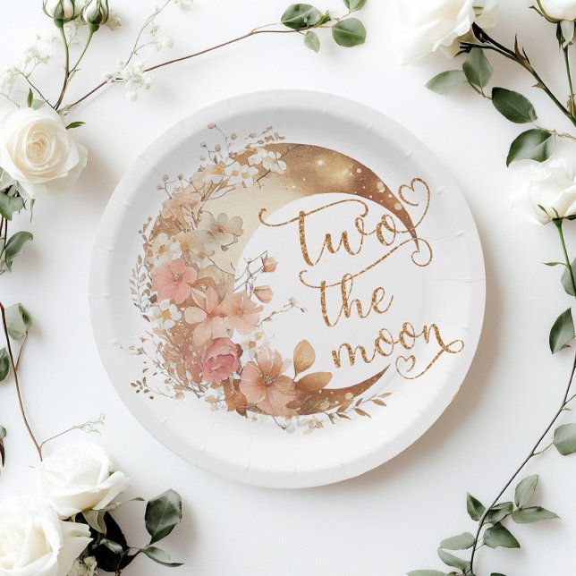 Two the moon gold floral girl 2nd birthday paper plates (Creator Uploaded)