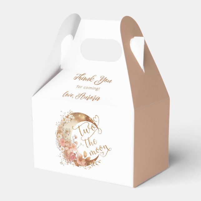 Two the moon gold floral girl 2nd birthday party favor boxes (Front Side)