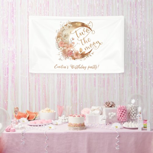 Two the moon gold floral girl birthday party banner