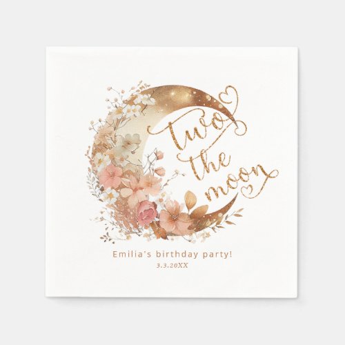 Two the moon gold pink girl 2nd birthday party napkins