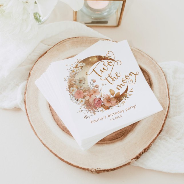 Two the moon gold pink girl 2nd birthday party napkins (Creator Uploaded)