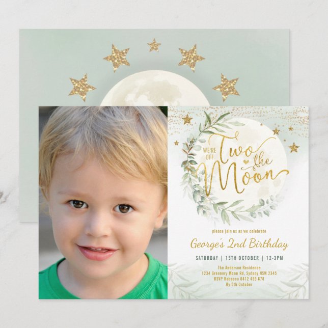 Two the Moon Greenery Gold Neutral 2nd Birthday In Invitation (Front/Back)