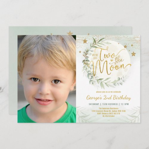 Two the Moon Greenery Gold Neutral 2nd Birthday In Invitation