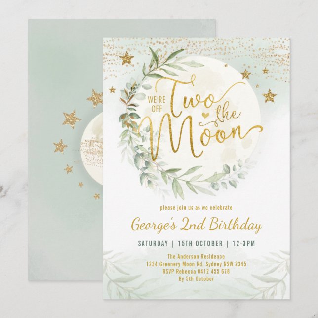 Two the Moon Greenery Gold Neutral 2nd Birthday Invitation (Front/Back)