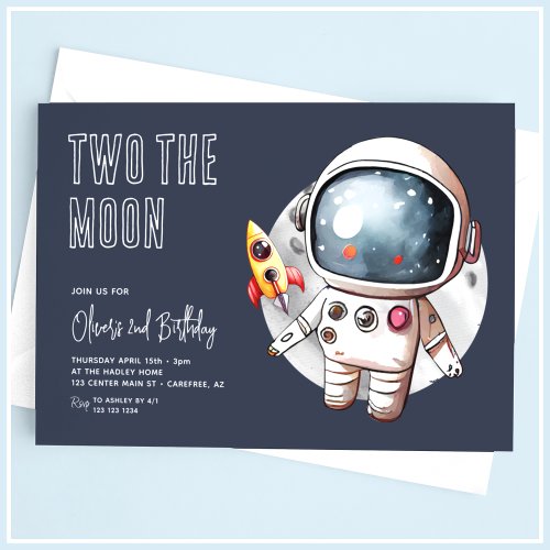 Two The Moon Modern Blue 2nd Birthday Invitation