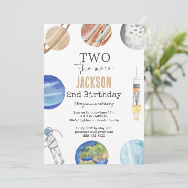 Two The Moon | Modern Space 2nd Birthday Décor Invitation (Standing Front)