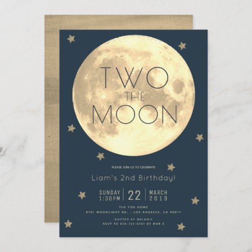 Two the Moon Navy Blue Boy 2nd Birthday Invitation