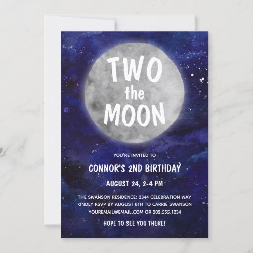 Two the Moon Navy Blue Boy 2nd Birthday Party Invitation